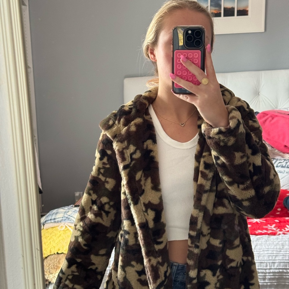 Brown and Black Teddy Jacket with Plush Material and Oversized Fit